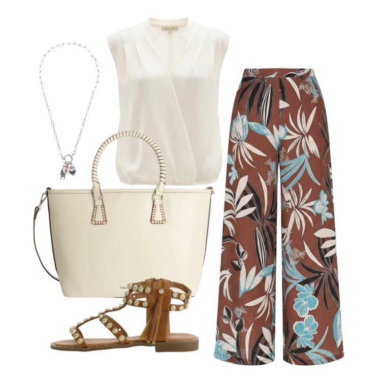 Outfit donna - Giugno. Stile Basic per Ufficio. Abbinamento con pantaloni a palazzo, top, sandali, shopping bag, ciondoli.