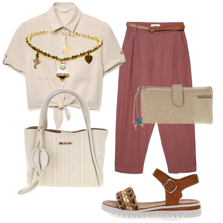 Outfit donna - Io e la mia amica. Stile Trendy per Tutti i giorni. Abbinamento con pantaloni chino, camicie a manica corta, braccialetti, sandali, borse a tracolla, portafogli.