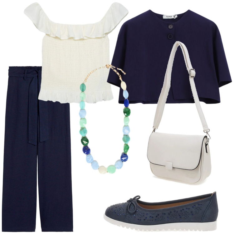 Outfit donna - Total look #2412576. Stile Casual chic per Ufficio. Abbinamento con pantaloni culotte, top, cappotti, collane, ballerine, borse a tracolla.