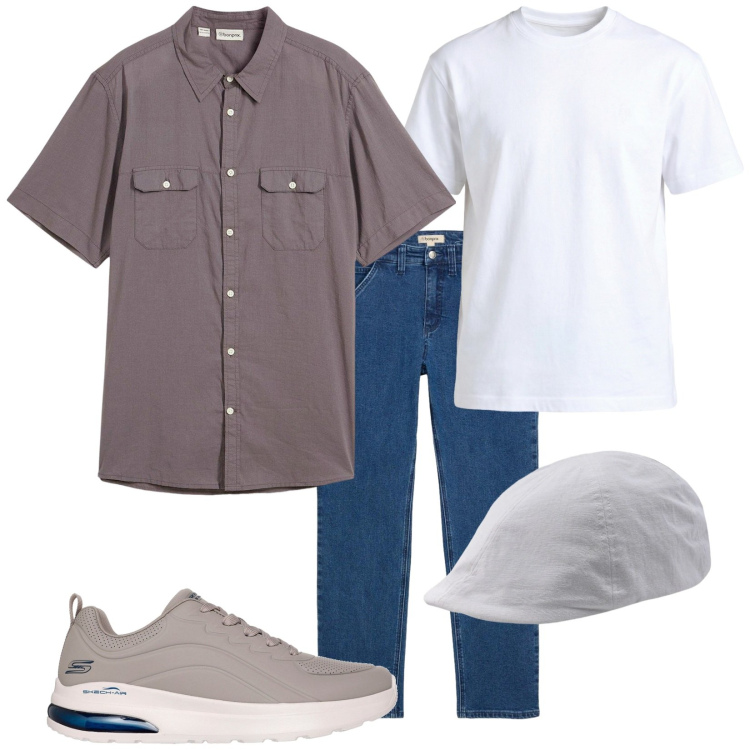 Outfit uomo - Giugno. Stile Trendy per Tutti i giorni. Abbinamento con camicie a manica corta, jeans dritti, t-shirt, cappelli con visiera, sneakers.