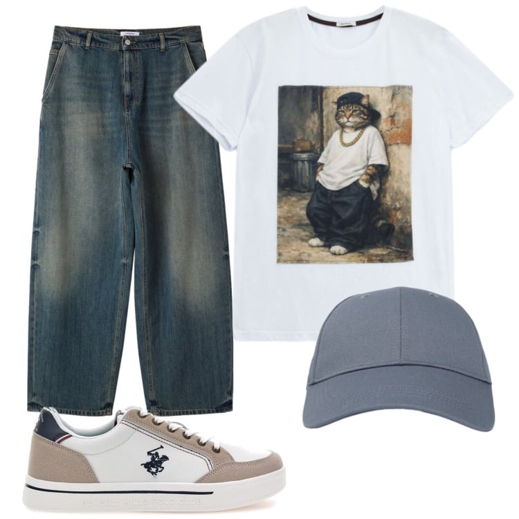 Outfit uomo - Urban. Stile Urban per Tutti i giorni. Abbinamento con cappelli con visiera, jeans, t-shirt, sneakers.