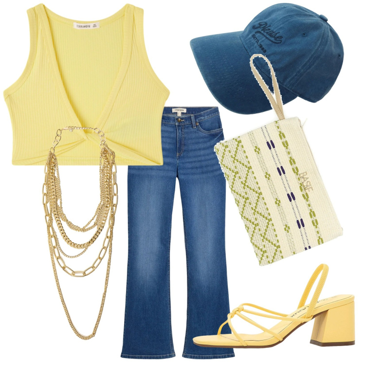 Outfit donna - Giallo e denim. Stile Trendy per Tutti i giorni. Abbinamento con sandali col tacco, jeans bootcut, top, collane, cappelli, pochette.
