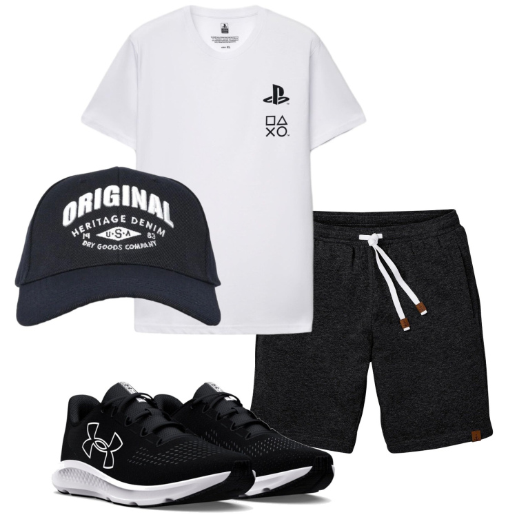 Outfit uomo - Total look #2412590. Stile Casual per Tutti i giorni. Abbinamento con bermuda, cappelli con visiera, t-shirt, sneakers.