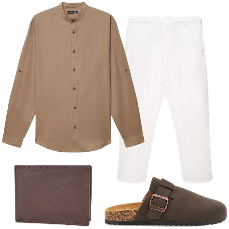 Outfit uomo - Naturalmente. Stile Trendy per Tutti i giorni. Abbinamento con camicie, pantaloni, portafogli, sandali.