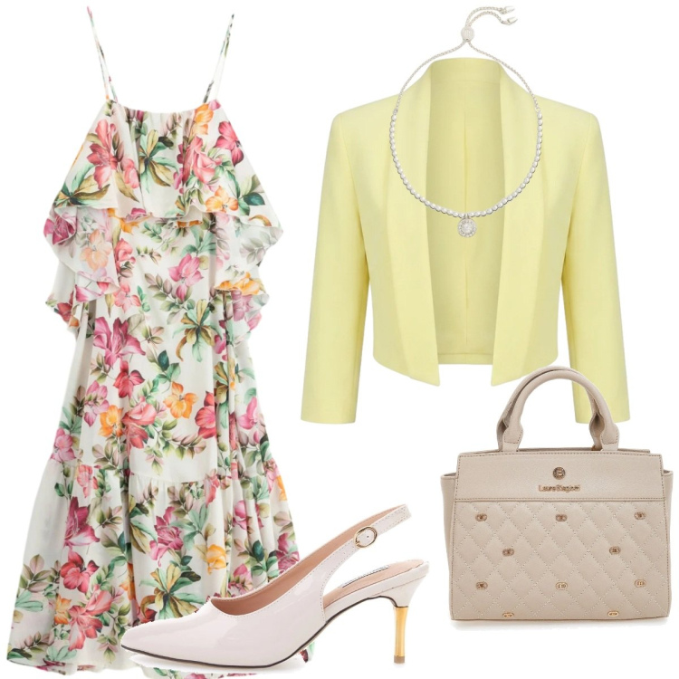 Outfit donna - Un giorno di luce. Stile Romantica per Tutti i giorni. Abbinamento con bolero, vestiti lunghi, braccialetti, décolleté, borse a mano.