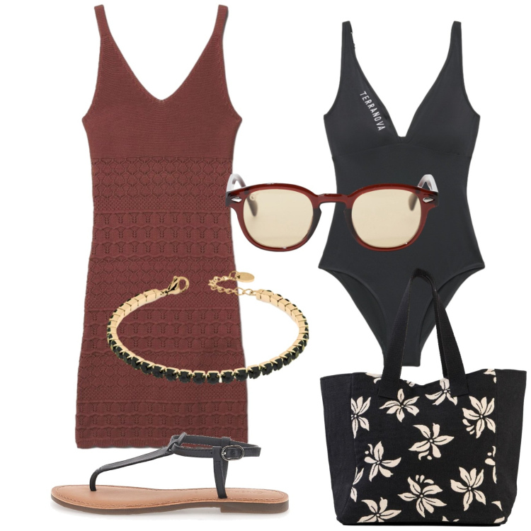 Outfit donna - Aperitivo in spiaggia. Stile Casual chic per Mare. Abbinamento con shopping bag, costumi interi, vestiti corti, occhiali da sole, braccialetti, infradito.
