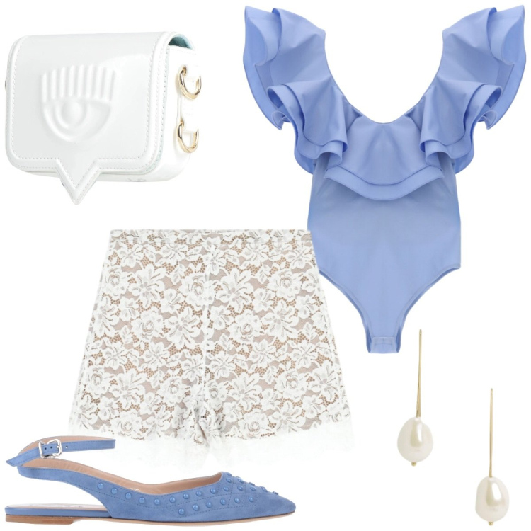 Outfit donna - Semplice ed elegante. Stile Romantica per Tutti i giorni. Abbinamento con ballerine, marsupi, shorts, top, orecchini.
