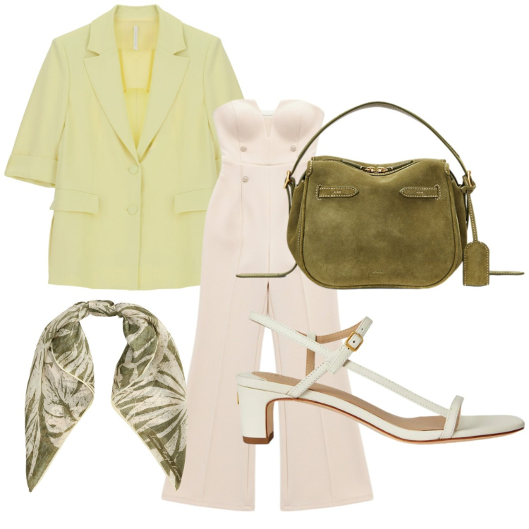 Outfit donna - Giallo delicato. Stile Basic per Serata fuori. Abbinamento con tute, blazer, sandali in pelle, borse a mano, foulard.