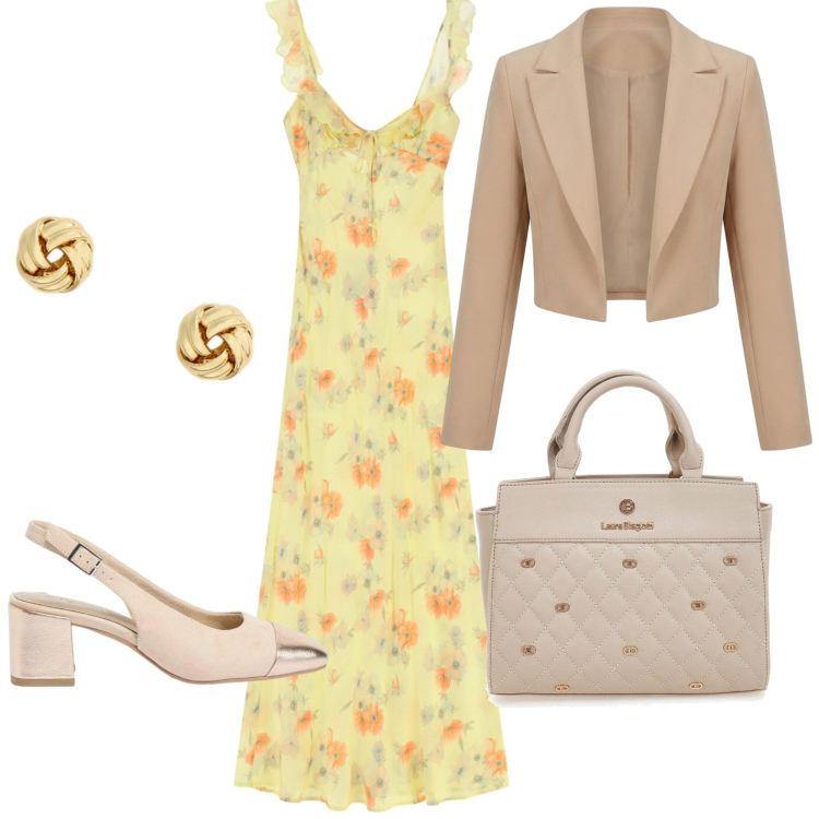 Outfit donna - Look luminoso. Stile Chic per Cerimonia. Abbinamento con décolleté, bolero, vestiti lunghi, orecchini, borse a mano.