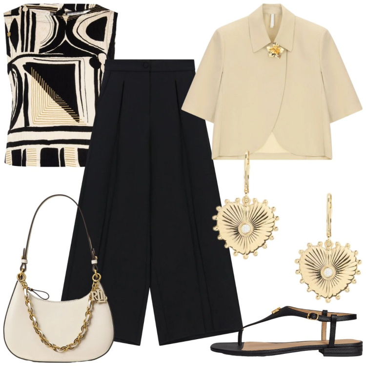 Outfit donna - Che classe!!!. Stile Glamour per Tutti i giorni. Abbinamento con top, pantaloni a palazzo, blazer, sandali in pelle, borse a spalla, orecchini.
