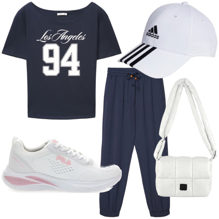 Outfit donna - Sport urban. Stile Basic per Sport. Abbinamento con pantaloni, t-shirt, borse a spalla, cappelli con visiera, sneakers.