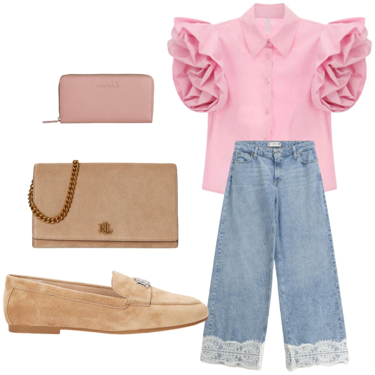 Outfit donna - Jeans con pizzo. Stile Glamour per Tutti i giorni. Abbinamento con camicie a manica corta, portafogli, jeans, mocassini, borse a tracolla.