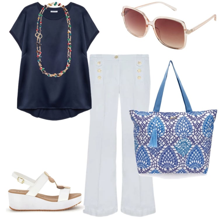 Outfit donna - Il bianco e blu. per Tutti i giorni. Abbinamento con occhiali da sole, bluse, jeans, collane, zeppe, shopping bag.