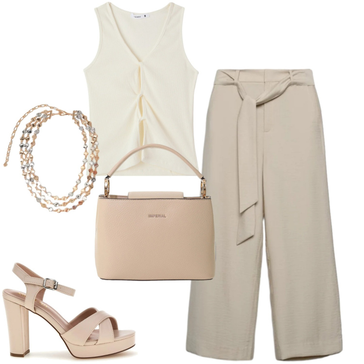 Outfit donna - Lunedì. Stile Urban per Tutti i giorni. Abbinamento con canottiere, pantaloni a palazzo, borse a secchiello, collane, sandali col tacco.