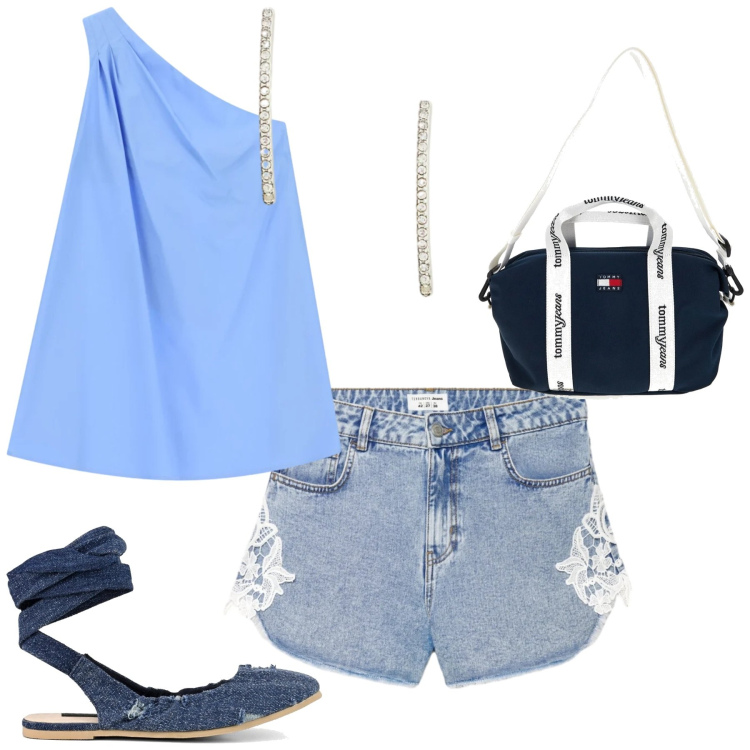 Outfit donna - Total look #2412629. Stile Basic per Mare. Abbinamento con shorts, vestiti asimmetrici, orecchini, ballerine, shopping bag.