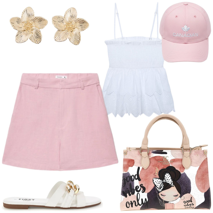 Outfit donna - Shorts rosa. Stile Casual chic per Tutti i giorni. Abbinamento con orecchini, bermuda, canottiere, berretti, ciabatte, borse a mano.