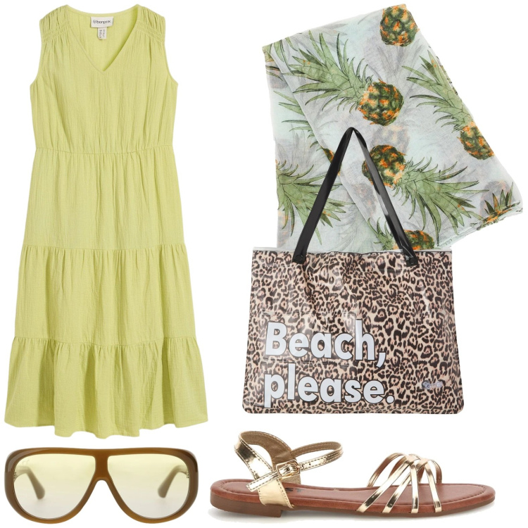 Outfit donna - Verso il mare. Stile Glamour per Mare. Abbinamento con vestiti, borse tote, occhiali da sole, sandali, foulard.