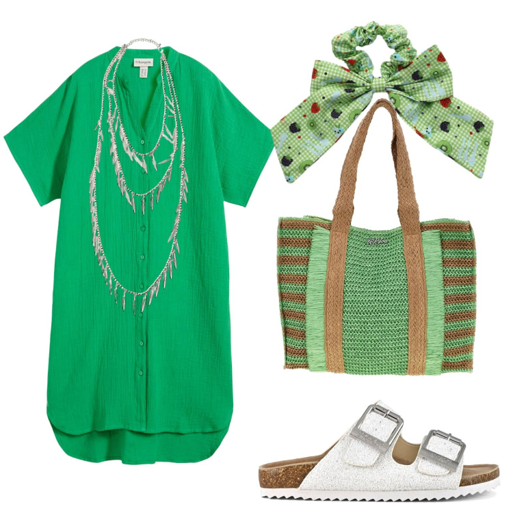 Outfit donna - Passeggiata sul lungomare. Stile Basic per Mare. Abbinamento con vestiti chemisier, accessori per capelli, collane, borse a spalla, sandali.