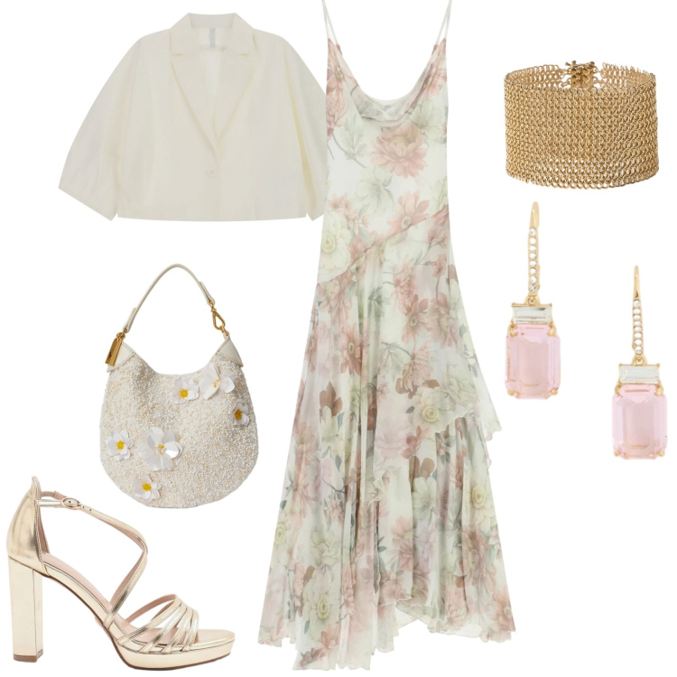 Outfit donna - Cerimonia. Stile Romantica per Cerimonia. Abbinamento con vestiti lunghi, blazer, sandali col tacco, braccialetti, pochette, orecchini.