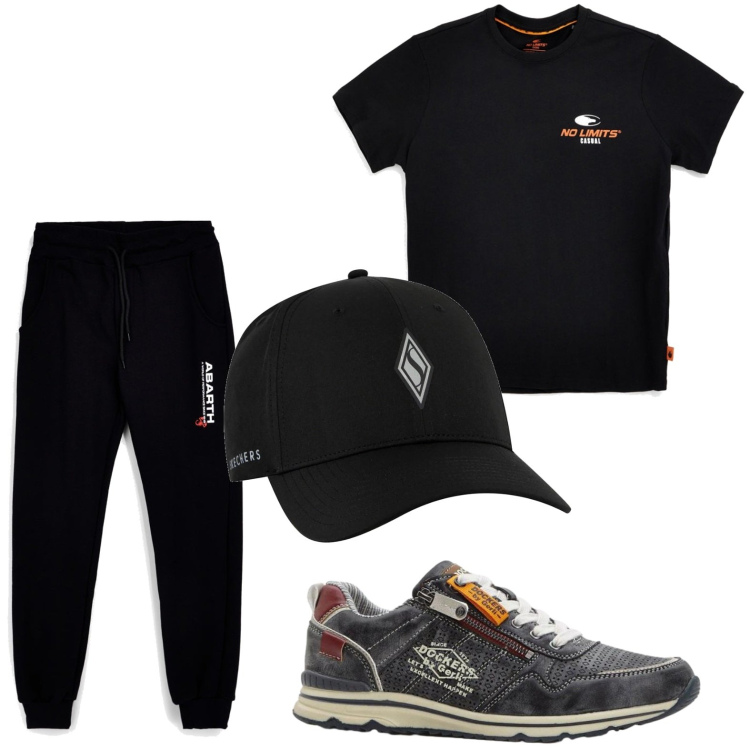Outfit uomo - Stile dinamico. Stile Urban per Tutti i giorni. Abbinamento con sneakers, t-shirt, cappelli con visiera, pantaloni.