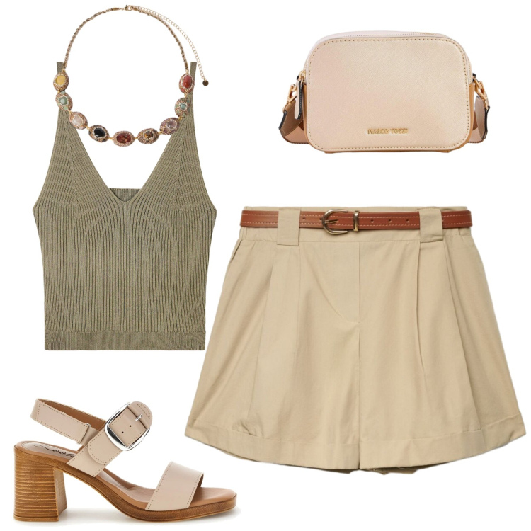 Outfit donna - City. Stile Casual chic per Tutti i giorni. Abbinamento con borse a tracolla, shorts, top, collane, sandali col tacco.