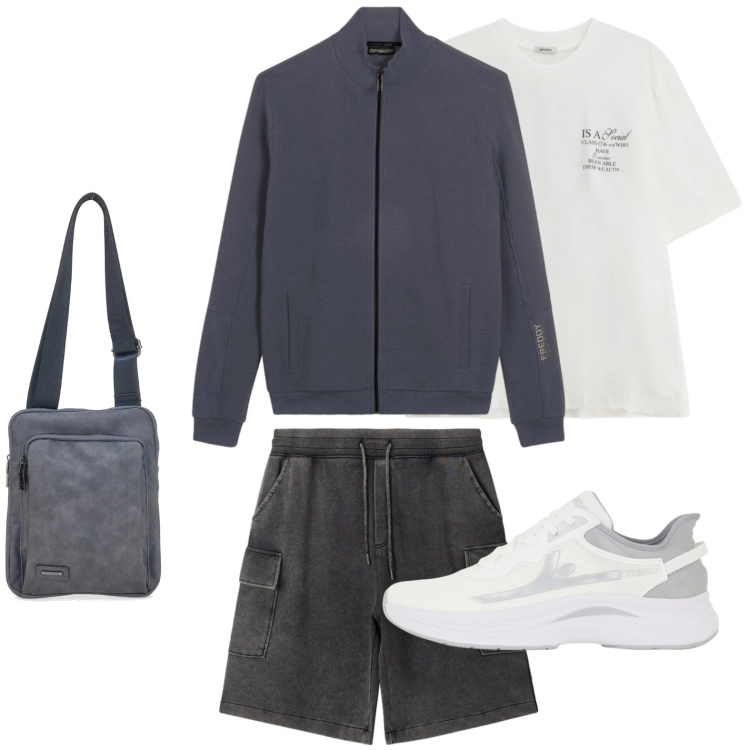 Outfit uomo - Stile e leggerezza. Stile Trendy per Tutti i giorni. Abbinamento con bermuda, t-shirt, felpe, sneakers, portafogli.