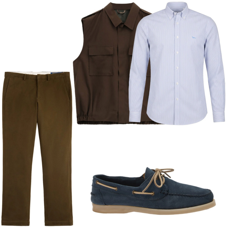 Outfit uomo - Insieme equilibrato. Stile Trendy per Tutti i giorni. Abbinamento con gilet, camicie, scarpe stringate, pantaloni chino.