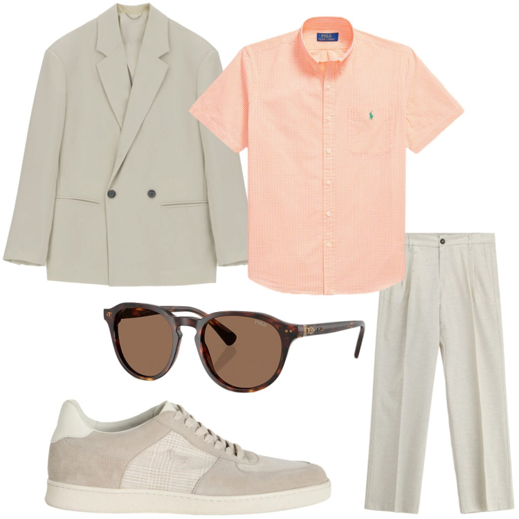 Outfit uomo - Moderno e dinamico. Stile Casual per Ufficio. Abbinamento con pantaloni, giacche, sneakers, occhiali da sole, camicie a manica corta.
