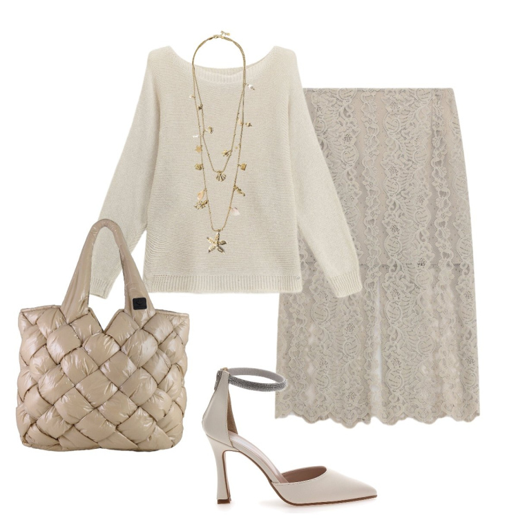 Outfit donna - Color tortora per la Cerimonia. Stile Chic per Cerimonia. Abbinamento con gonne longuette, collane, maglieria, borse tote, décolleté.