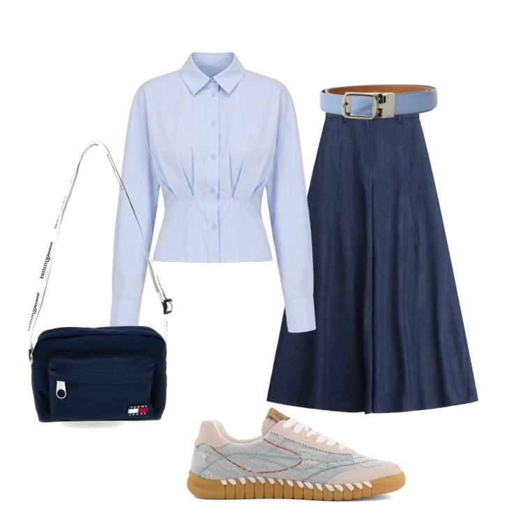 Outfit donna - In ufficio. Stile Casual chic per Ufficio. Abbinamento con camicie, pantaloni a palazzo, cinture, sneakers, borse a tracolla.