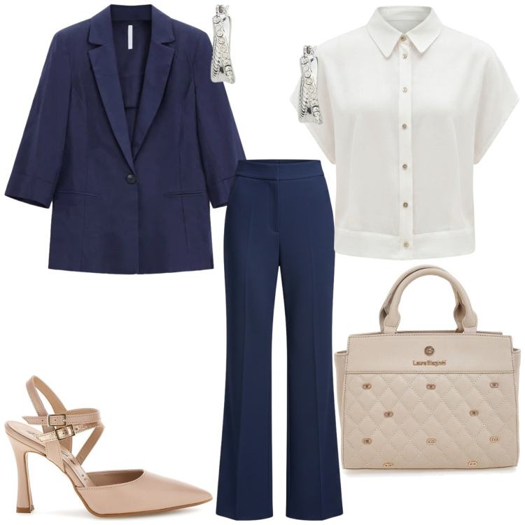 Outfit donna - Un outfit da ufficio in estate. Stile Chic per Ufficio. Abbinamento con pantaloni a palazzo, camicie a manica corta, blazer, orecchini, décolleté, borse a mano.