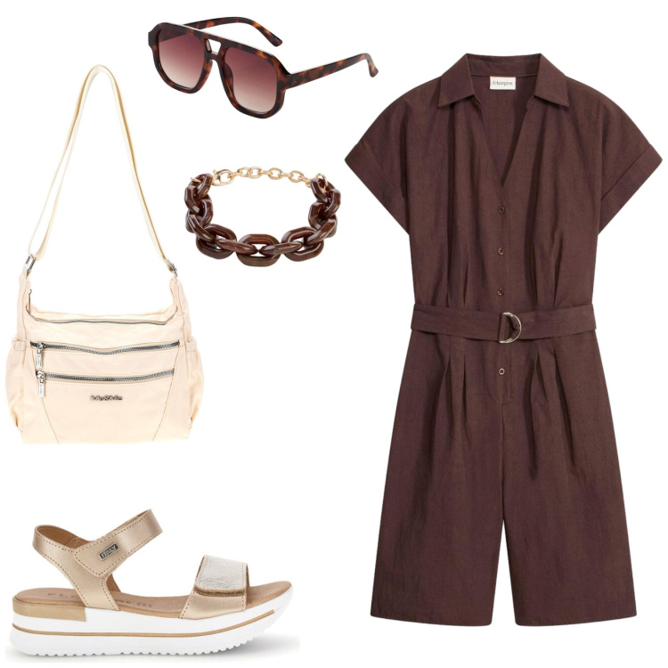 Outfit donna - Casual in estate. Stile Casual per Tutti i giorni. Abbinamento con occhiali da sole, braccialetti, tuta corta, borse a tracolla, ciabatte.