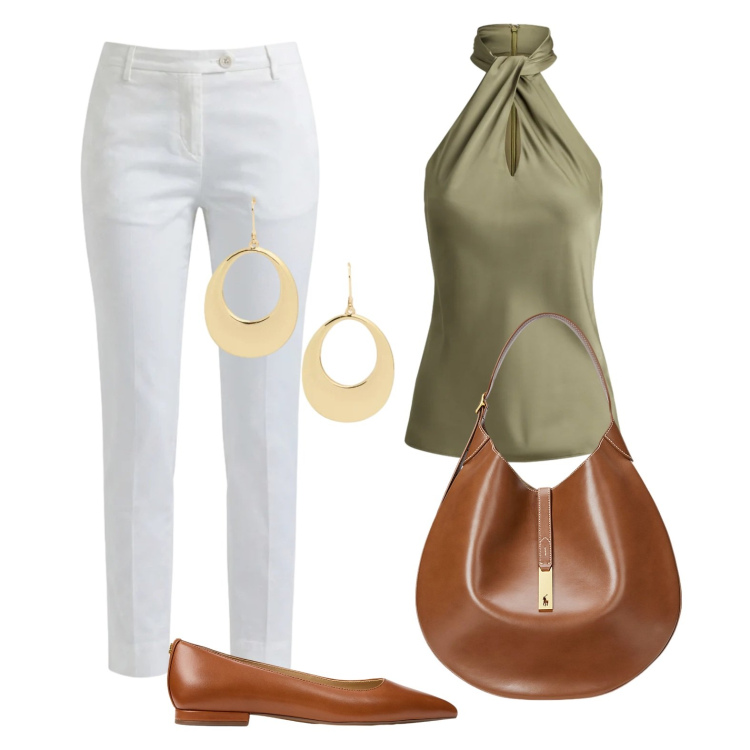 Outfit donna - Aperitivo con colleghi. Stile Casual chic per Serata fuori. Abbinamento con pantaloni, ballerine, bluse, borse a spalla, orecchini.