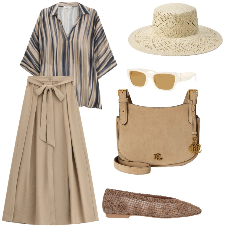 Outfit donna - Passeggiata in libertà. Stile Trendy per Tutti i giorni. Abbinamento con ballerine, gonne lunghe, camicie, borse a tracolla, cappelli, occhiali da sole.