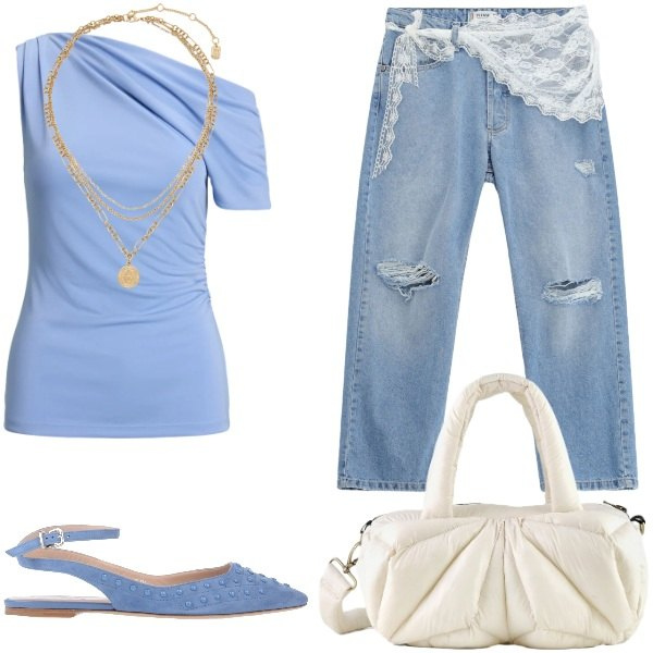 Outfit donna - Total look #2412668. Stile Casual chic per Tutti i giorni. Abbinamento con ballerine, jeans strappati, top, ciondoli, borse a mano.