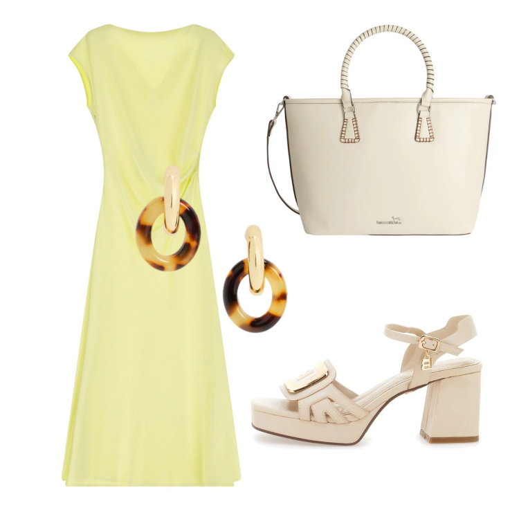 Outfit donna - Amo l\'estate. Stile Chic per Tutti i giorni. Abbinamento con shopping bag, vestiti midi/longuette, orecchini, sandali col tacco.