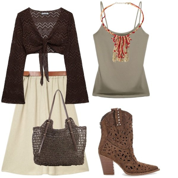 Outfit donna - Total look #2412672. Stile Etnico per Tutti i giorni. Abbinamento con shopping bag, top, canottiere, gonne lunghe, cappotti, stivaletti texani.