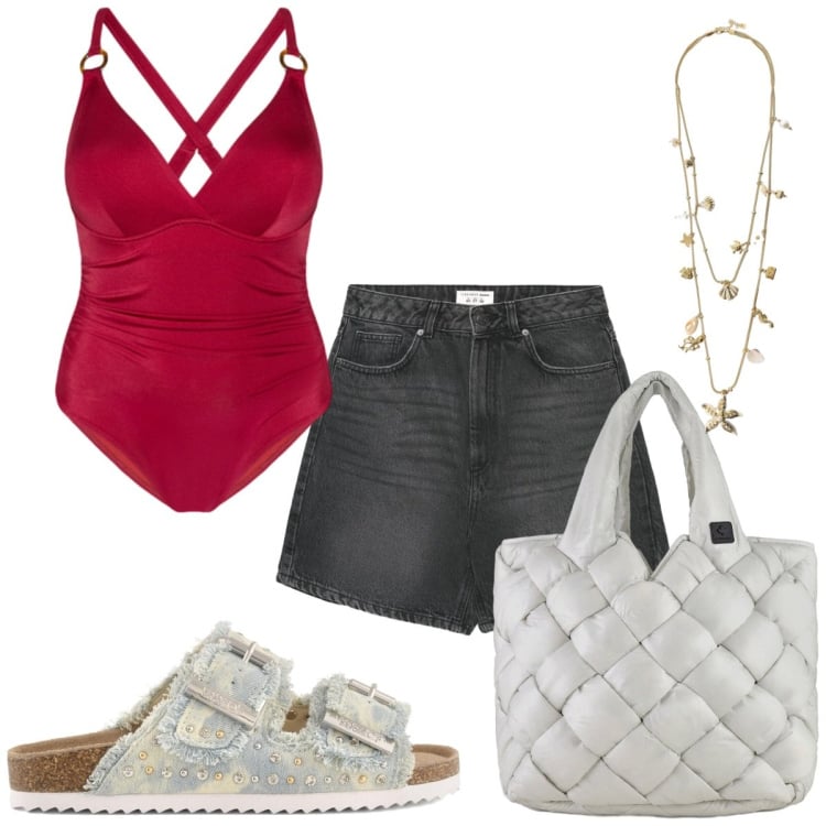 Outfit donna - Total look #2412680. Stile Trendy per Mare. Abbinamento con shorts, collane, costumi interi, borse tote, sandali.