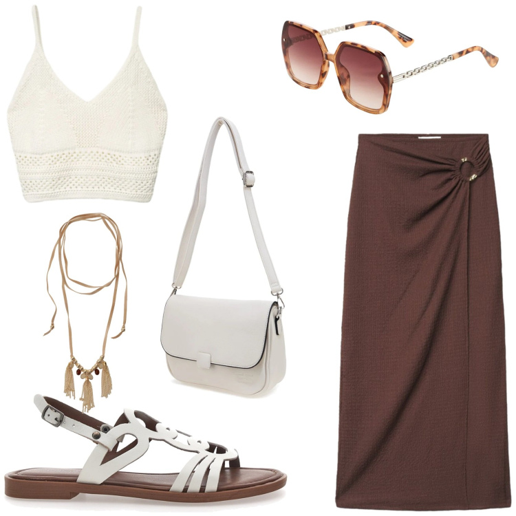 Outfit donna - Stile boho chic. Stile Boho per Tutti i giorni. Abbinamento con occhiali da sole, gonne lunghe, top, collane, sandali, borse a tracolla.
