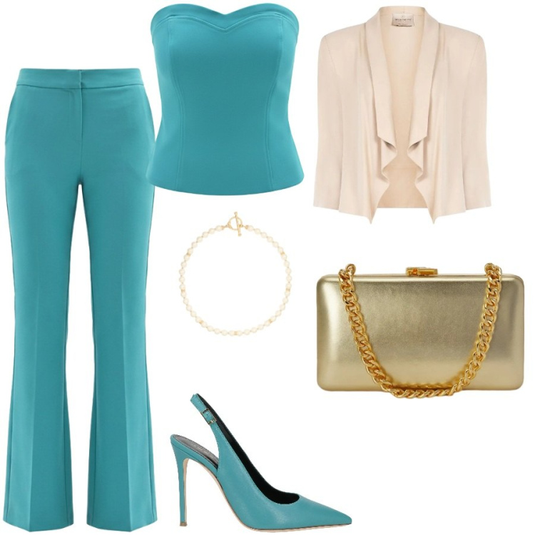 Outfit donna - Ottanio. Stile Chic per Cerimonia. Abbinamento con décolleté, pantaloni a palazzo, top, blazer, clutch, collane.