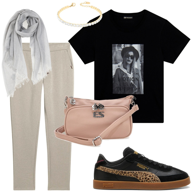 Outfit donna - Casual in un pomeriggio d\'estate. Stile Casual per Tutti i giorni. Abbinamento con pantaloni, t-shirt, braccialetti, borse a tracolla, foulard, sneakers.