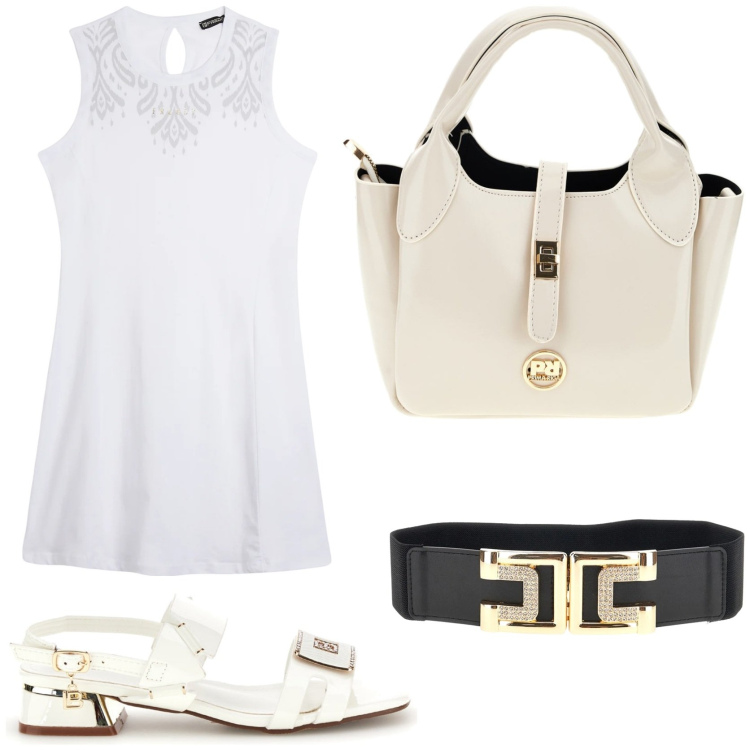 Outfit donna - Weekend al mare. Stile Chic per Tutti i giorni. Abbinamento con vestiti midi/longuette, sandali col tacco, cinture, borse a mano.