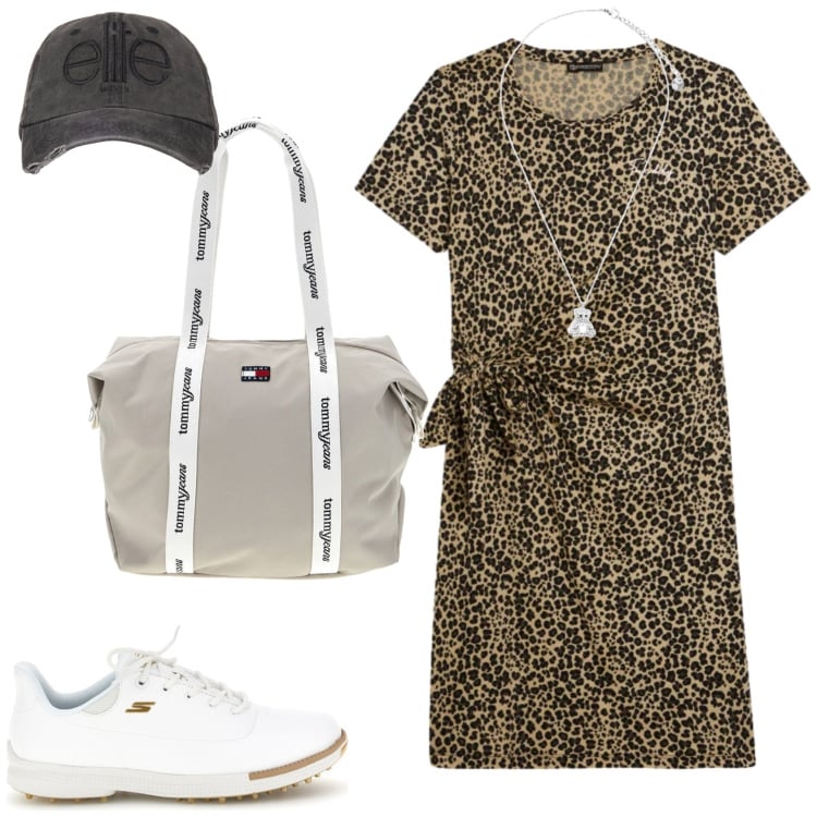 Outfit donna - Un look per andare in palestra. Stile Casual per Tutti i giorni. Abbinamento con vestiti midi/longuette, ciondoli, cappelli, sneakers, shopping bag.