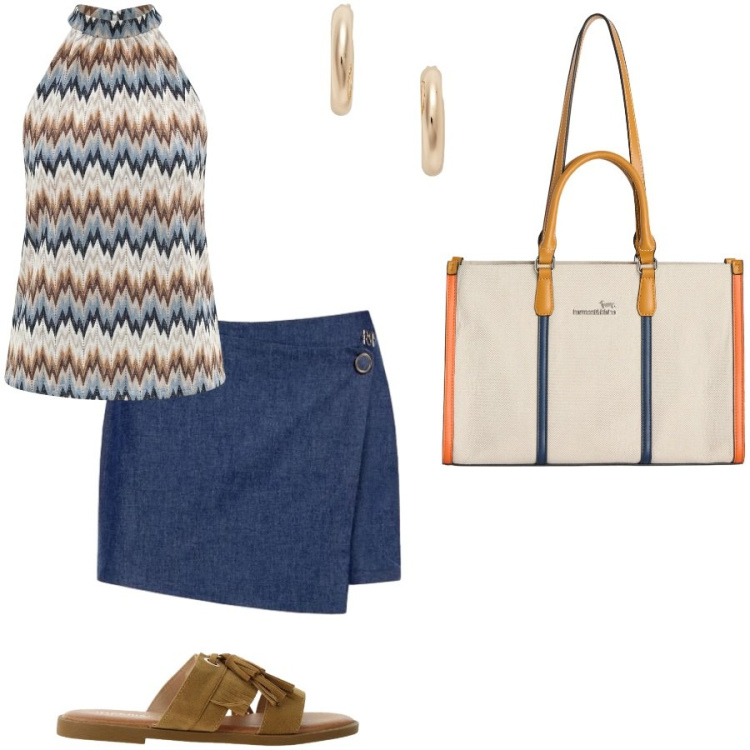 Outfit donna - Mattinata in centro. Stile Casual chic per Tutti i giorni. Abbinamento con canottiere, minigonne, sandali, borse tote, orecchini.