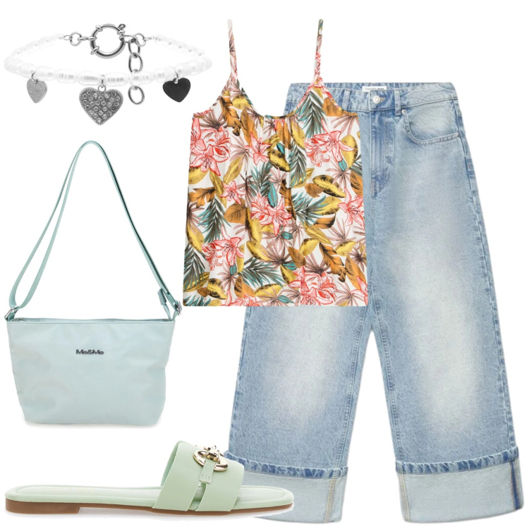 Outfit donna - Total look #2412697. Stile Casual per Tutti i giorni. Abbinamento con canottiere, jeans, braccialetti, ciabatte, borse a spalla.