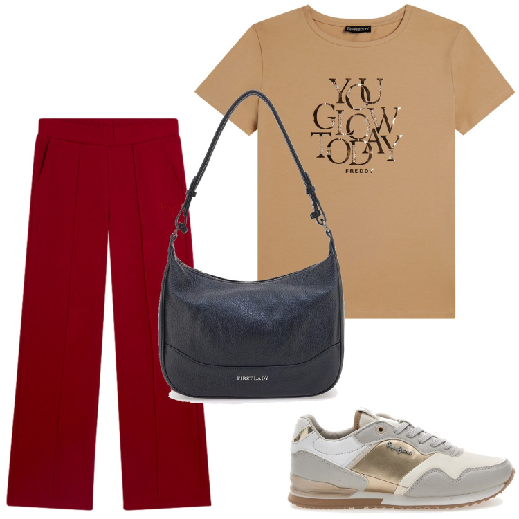 Outfit donna - Freddy: il Casual chic. Stile Casual chic per Tutti i giorni. Abbinamento con pantaloni, t-shirt, sneakers, borse a tracolla.