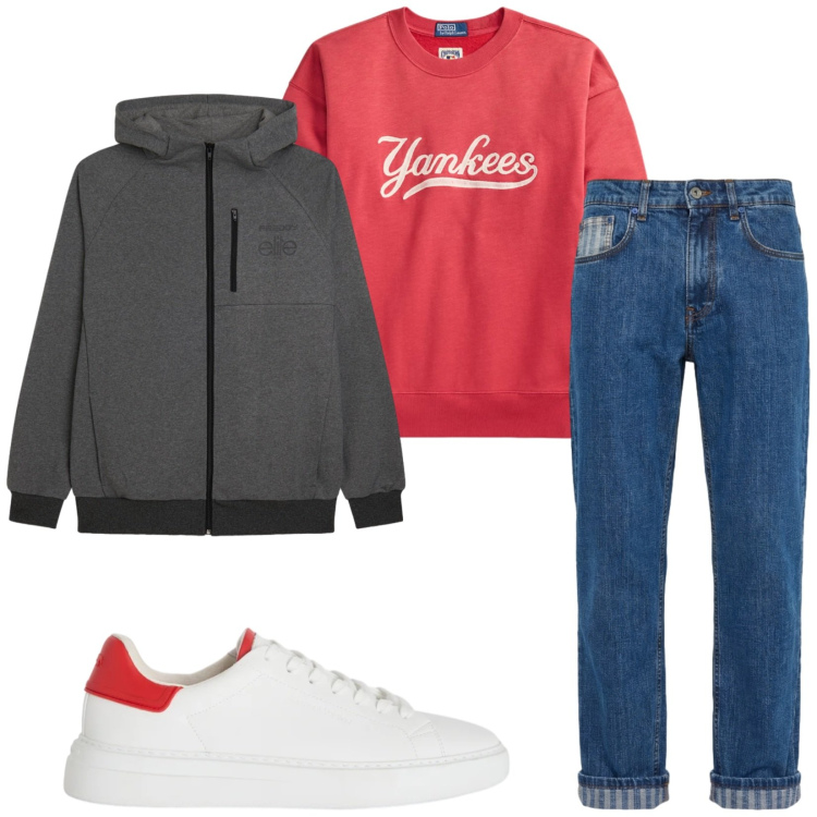 Outfit uomo - Total look #2412701. Stile Casual per Tutti i giorni. Abbinamento con sneakers, jeans, felpe con cappuccio, felpe.