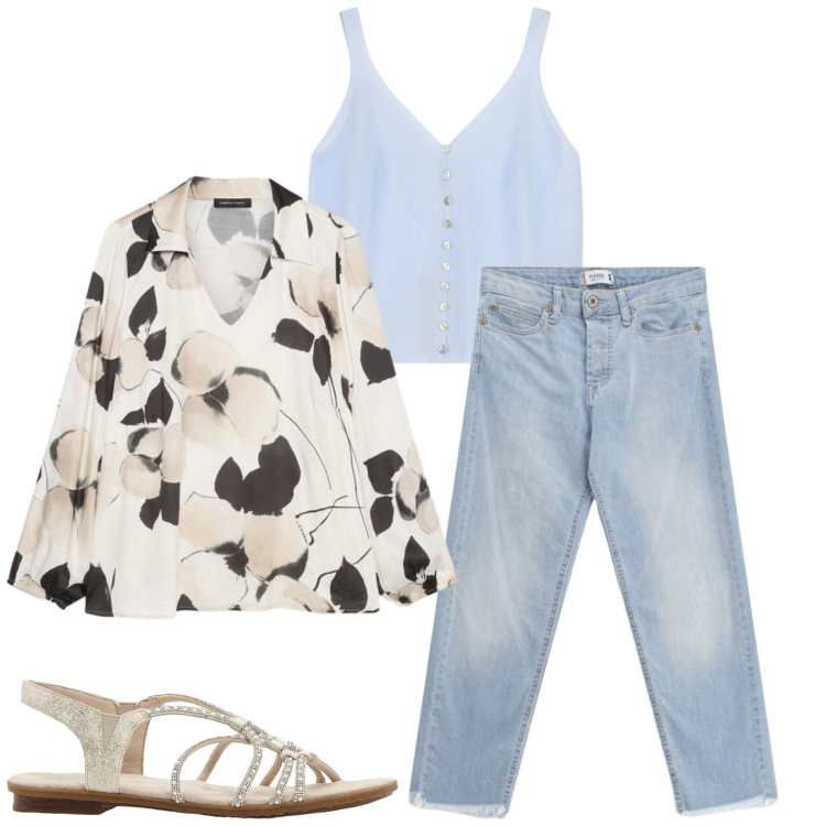 Outfit donna - Total look #2412702. Stile Casual chic per Tutti i giorni. Abbinamento con sandali, top, jeans, bluse.