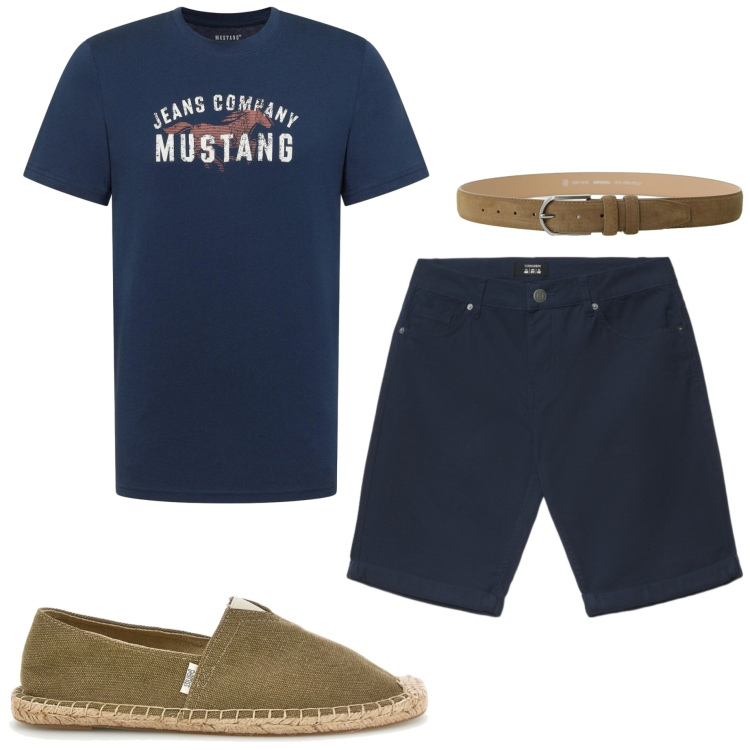 Outfit uomo - Look estivo. Stile Casual per Tutti i giorni. Abbinamento con t-shirt, bermuda, cinture, espadrillas.