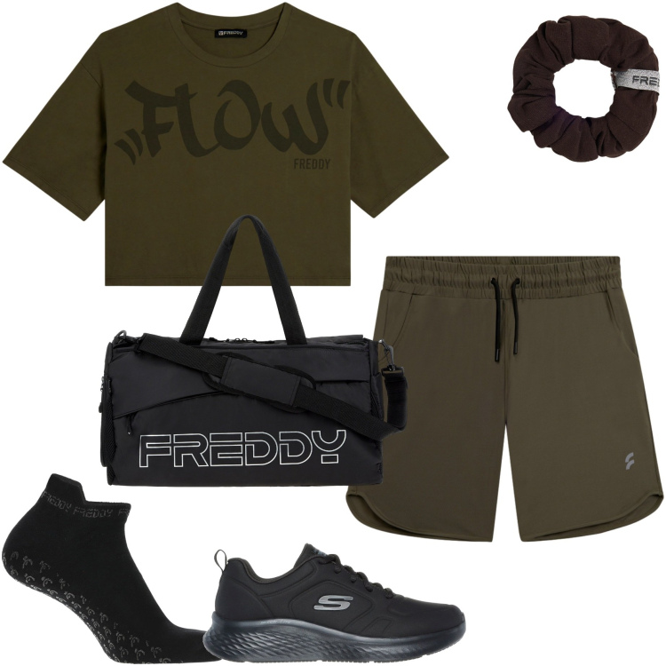 Outfit donna - Summer Energy. Stile Casual per Sport. Abbinamento con bermuda, borse sportive, t-shirt, calzini, accessori per capelli, sneakers.